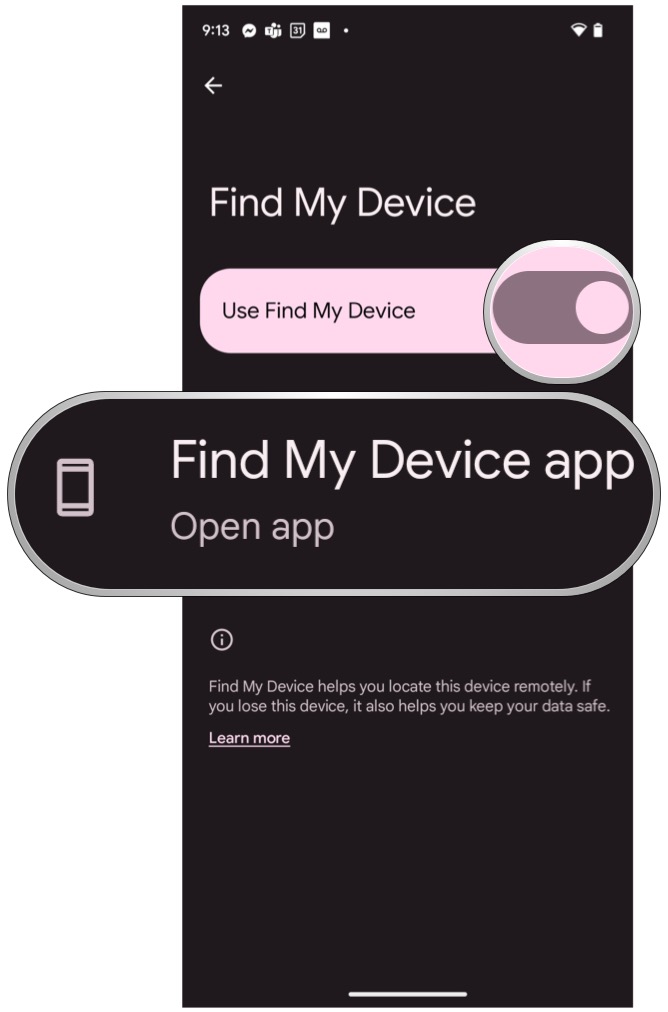 Android 13-Einstellungen: „Mein Gerät suchen“ umschalten und die Option „App öffnen“ aktivieren