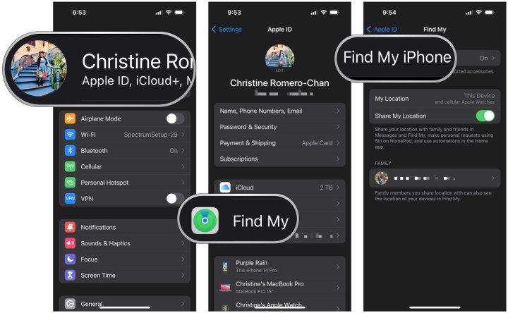 Einstellungen unter iOS 16 zeigen Apple ID an, wählen Sie „Mein suchen“ und dann „Mein iPhone suchen“.