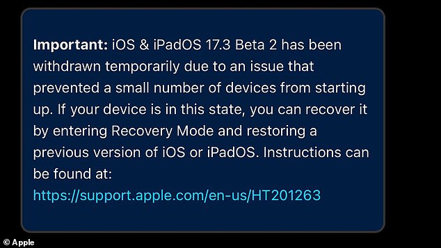 Obwohl sich die Beschwerden der Benutzer offenbar hauptsächlich auf iPhone-Probleme mit dem Update-Build 21D5036c für iOS 17.3 Beta 2 konzentrierten, zog Apple nur dieses und die Beta 2-Entwickler-Beta von iPadOS 17.3 zurück