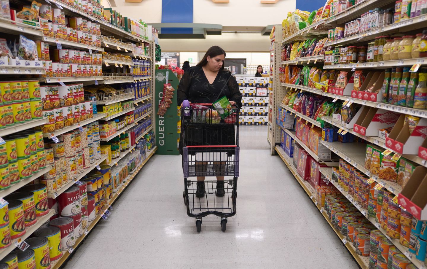Eine Frau steht mit einem Einkaufswagen zwischen den hohen Gängen eines Lebensmittelladens.