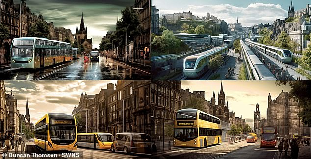 Die resultierenden Bilder zeigen eine Reihe futuristischer Transportsysteme, die durch die Städte fahren und an Szenen aus Blade Runner erinnern.  Im Bild: Edinburgh