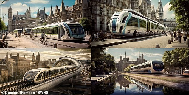 Er bat die KI, eine futuristische britische Stadt im Jahr 2050 zu schaffen, die historische Architektur beizubehalten und den öffentlichen Nahverkehr auf der Grundlage aktueller Ideen vorherzusagen.  Im Bild: Cardiff