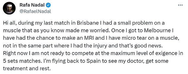 Nadal kündigte auf Twitter an, dass er nach Hause fliegen werde, nachdem „ein kleines Problem“ aufgetreten sei