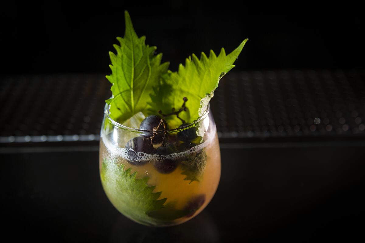 Ein Cocktail, garniert mit Kyoho-Trauben und Shiso-Blättern