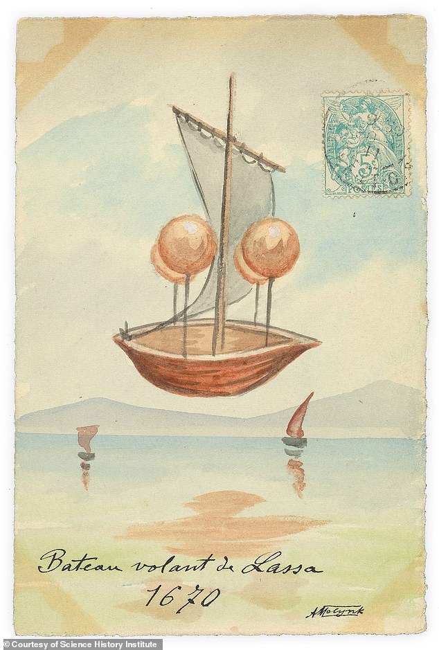 Eine Aquarellpostkarte aus dem Jahr 1909, die eine Idee für ein Vakuumballon-Luftschiff zeigt, die erstmals 1670 vom italienischen Luftfahrtpionier Francesco Lana de Terzi veröffentlicht wurde