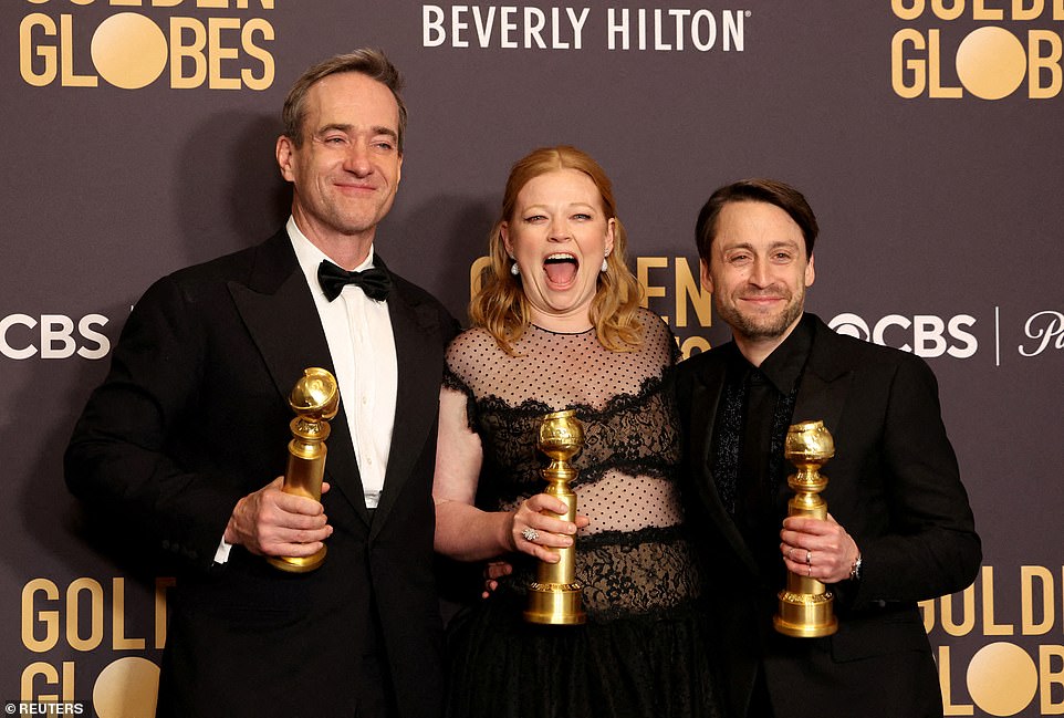 Meanwhile Succession nearly swept the television drama categories including Best Television Series - Drama and individual honors for Matthew Macfadyen, Sarah Snook, and Kieren Culkin (seen left to right)
