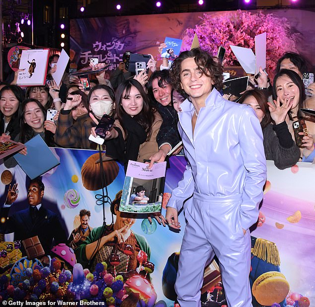 In Tokyo on November 20th, Chalamet, dressed in a lavender-hued PVC jumpsuit, spent time chatting with his fans at the film's Japanese premiere