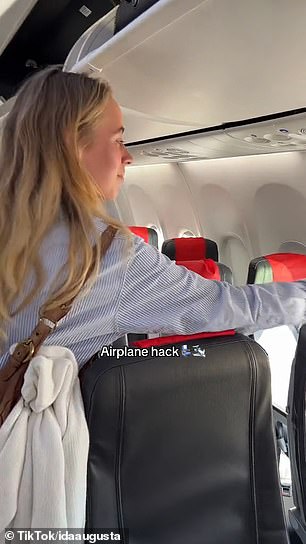 Bevor sie sich in ihren Flug mit der Norwegian Airlines setzte, drehte sie die Kopfstützenbezüge der Sitze vor ihr um, so dass sie hinten herunterhingen und zu ihrer Reihe zeigten