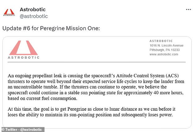Heute um 2:16 Uhr GMT gab Astrobotic bekannt, dass der Peregrine-Lander noch etwa 40 Stunden Treibstoff hatte, um dem Mond so nahe wie möglich zu kommen