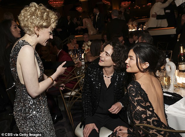 According to body language expert Judi James, Kylie Jenner 'did seem to hint that she was feeling slightly out of her depth in the rarefied air of Hollywood royalty'. The couple are seen speaking with actress Julia Gardner