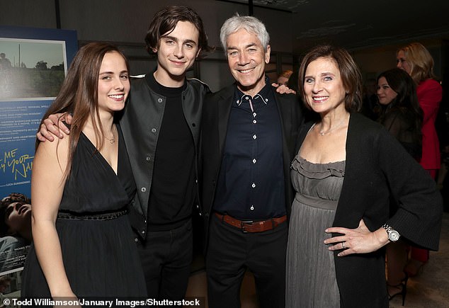 Timothee Chalamet with his sister Pauline, father Marc and mother Nicole at a promotional event for the 2018 movie Call Me By Your Name