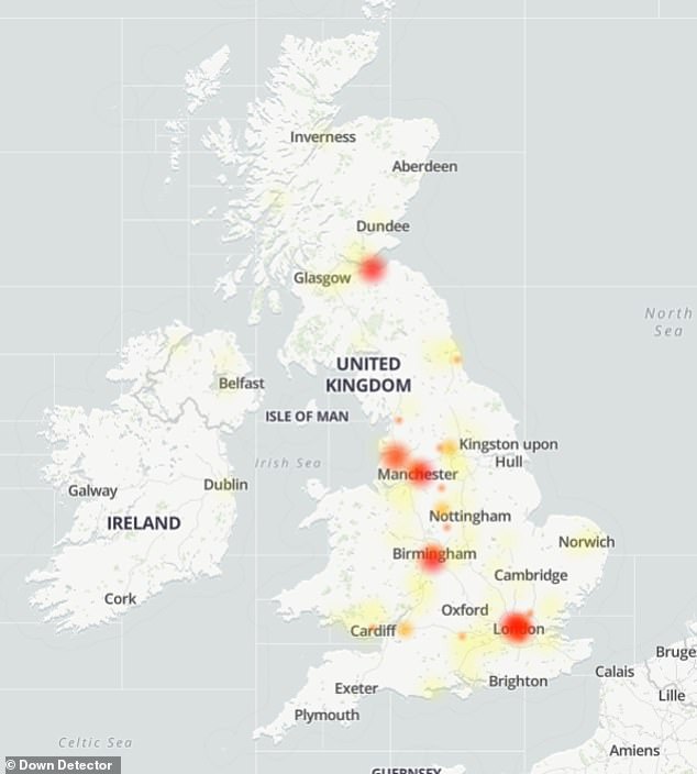 Die „Heatmap“ der von Benutzern eingereichten Problemberichte auf der Website zeigte, dass sich die betroffenen Kunden hauptsächlich in London, Birmingham und Manchester befanden, obwohl es Berichte im ganzen Land gab