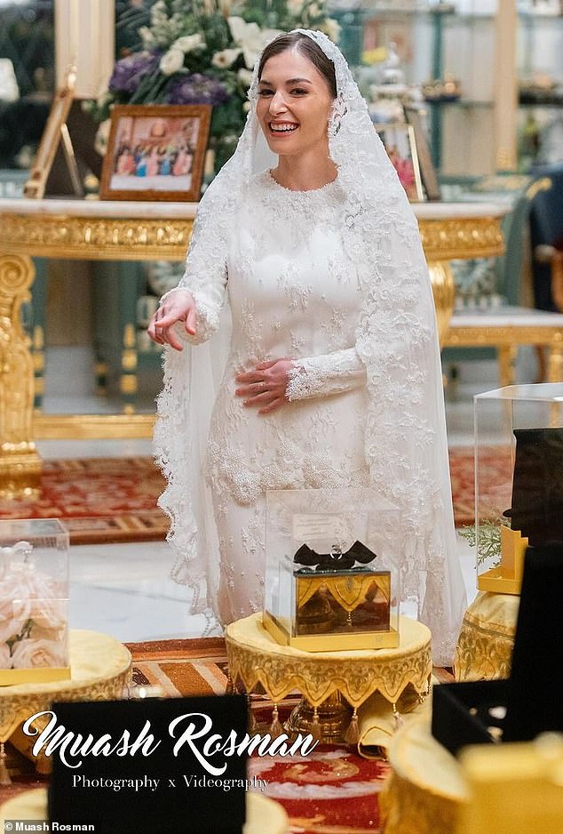 Anisha Rosnah, 29, looked radiant in an elegant white lace gown for the spectacle, which took place at Istana Nurul Iman, ahead of their lavish ceremony in Bandar Seri Begawan