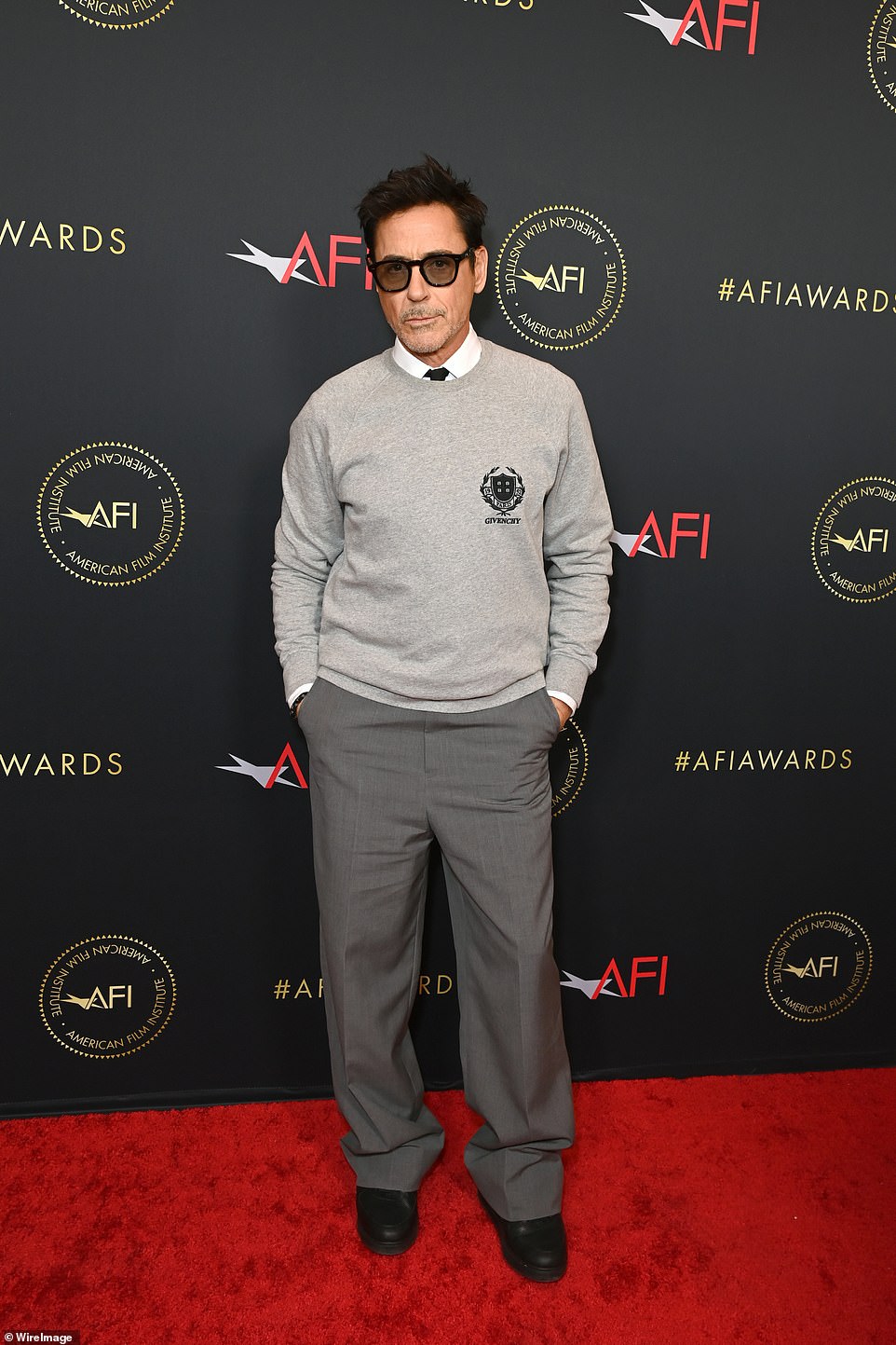Robert Downey Jr opted for a gray and blue sweater, with gray trousers