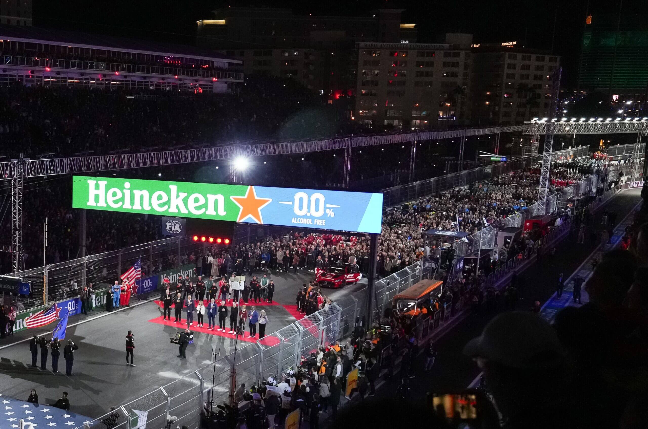 LAS VEGAS, NEVADA - NOVEMBER 18: A general view of the national anthem prior to the F1 Grand Prix of Las Vegas at Las Vegas Strip Circuit on November 18, 2023 in Las Vegas, Nevada. (Photo by Alex Bierens de Haan/Getty Images for Heineken)