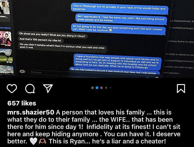 Shaziers Frau Michielle postete mehrere Textnachrichten zwischen ihm und der Frau, mit der er die Affäre hatte