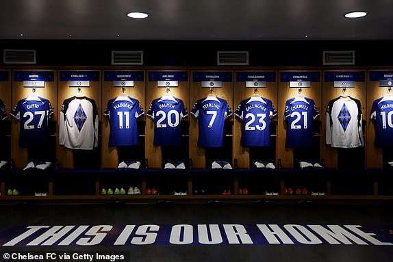 LONDON, ENGLAND - JANUARY 13: General view inside the Chelsea dressing room prior to the Premier League match between Chelsea FC and Fulham FC at Stamford Bridge on January 13, 2024 in London, England. (Photo by Chris Lee - Chelsea FC/Chelsea FC via Getty Images)