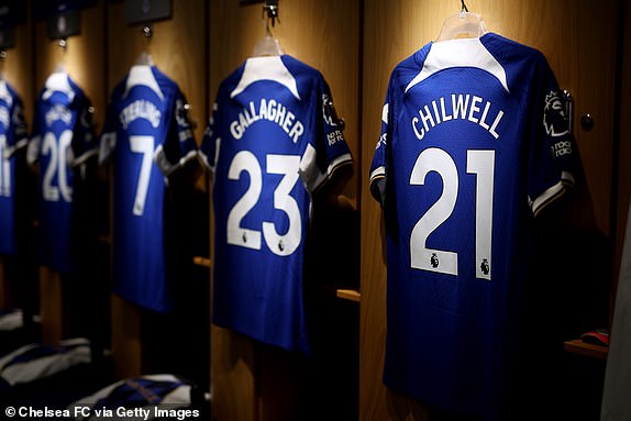 LONDON, ENGLAND - JANUARY 13: A detailed view of the shirt of Ben Chilwell inside the Chelsea dressing room prior to the Premier League match between Chelsea FC and Fulham FC at Stamford Bridge on January 13, 2024 in London, England. (Photo by Chris Lee - Chelsea FC/Chelsea FC via Getty Images)