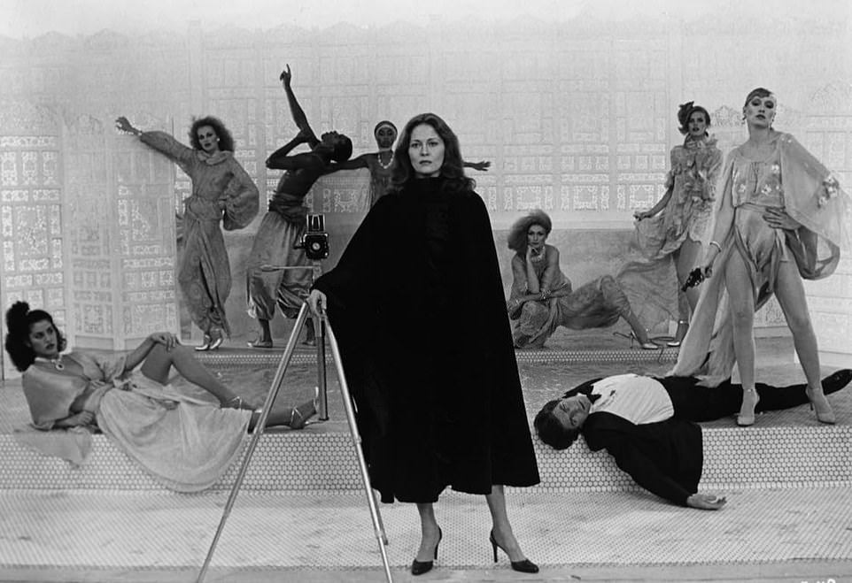The model is pictured third from left on the set of The Eyes of Laura Mars, with Faye Dunaway in the foreground