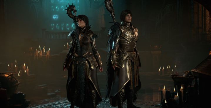Charaktere aus Diablo IV stehen in einer Kathedrale.
