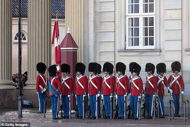 Pictured: The honour guard getting ready ahead of royal festivities in Copenhagen, Denmark
