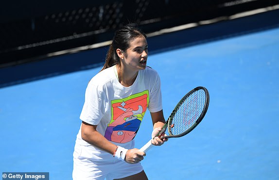 MELBOURNE, AUSTRALIA - JANUARY 16: Emma Raducanu of Great Britain training before her round one game against Shelby Rogers of the United States during the 2024 Australian Open at Melbourne Park on January 16, 2024 in Melbourne, Australia. (Photo by James D. Morgan/Getty Images)