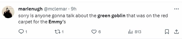 Meanwhile, many were left bewildered by the identity of the green goblin, with one person writing on X, formerly Twitter: 'Uh..why is there a green goblin on the red carpet just doing her thing like its nbd?'
