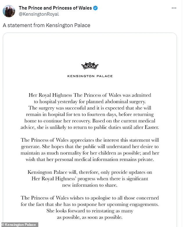 Der Kensington Palace gab heute bekannt, dass sich die Prinzessin von Wales einer Bauchoperation unterzogen hat