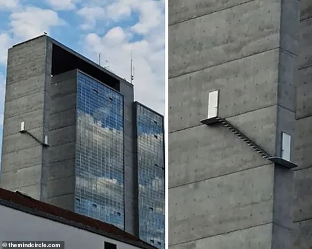 Höhenangst?  Aus irgendeinem Grund gibt es außerhalb dieses Gebäudes in der Schweiz eine Treppe, die in eine andere Etage führt