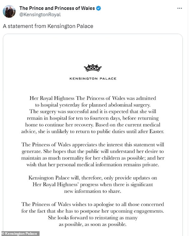Der Palast wollte zwar keine Details zu Kates „medizinischer Privatsphäre“ preisgeben, schloss jedoch nicht aus, dass sie sich in Zukunft dafür entscheiden könnte, selbst öffentlich darüber zu sprechen.  Im Bild die Ankündigung des Kensington Palace