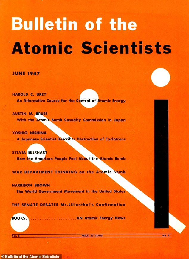 Cover des Bulletin of the Atomic Scientists vom Juni 1947 mit der Weltuntergangsuhr sieben Minuten vor Mitternacht