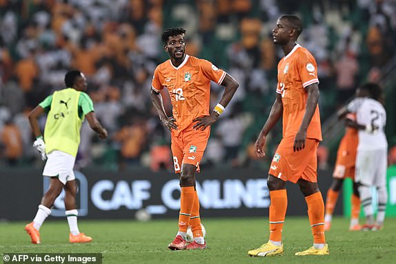 Ivory Coast's midfielder #18 Ibrahim Sangare (C) reacts after losing at the end of the Africa Cup of Nations (CAN) 2024 group A football match between Ivory Coast and Nigeria at the Alassane Ouattara Olympic Stadium in Ebimpe, Abidjan, on January 18, 2024. (Photo by FRANCK FIFE / AFP) (Photo by FRANCK FIFE/AFP via Getty Images)