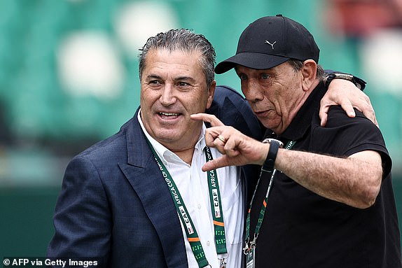 Nigeria's Portuguese coach Jose Peseiro (L) speaks with Ivory Coast's French coach Jean-Louis Gasset during the Africa Cup of Nations (CAN) 2024 group A football match between Ivory Coast and Nigeria at the Alassane Ouattara Olympic Stadium in Ebimpe, Abidjan, on January 18, 2024. (Photo by FRANCK FIFE / AFP) (Photo by FRANCK FIFE/AFP via Getty Images)