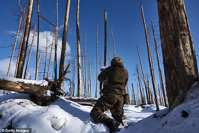 Ukrainische Soldaten der Ukrainischen Nationalgarde halten am 12. Januar ihre Stellungen im schneebedeckten Serebryan-Wald