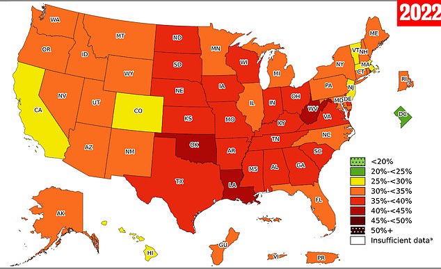 Die obige Karte zeigt die Fettleibigkeitsrate nach US-Bundesstaaten im Jahr 2022