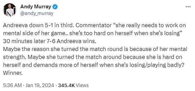 Andy Murray sprang unterdessen der Teenagerin in den sozialen Medien zur Seite, nachdem sie von einem Kommentator kritisiert worden war, der die „mentale Seite ihres Spiels“ in Frage stellte.