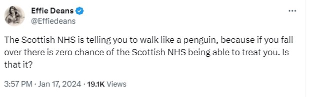 In ähnlicher Weise nutzte Effie Deans das Video, um den Zustand der NHS-Dienste in Schottland hervorzuheben