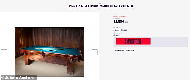 Die Auktion für Joplin's Full-Tilt Brunswick beginnt am Montag, 29. Januar, um 11 Uhr PST, über Julien's Auctions;  Das Startgebot liegt bei 2.500 US-Dollar, es werden aber voraussichtlich bis zu 20.000 US-Dollar erzielt