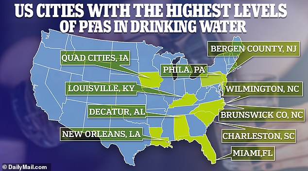 Die Karte zeigt Städte mit den höchsten PFAS-Konzentrationen im Wasser