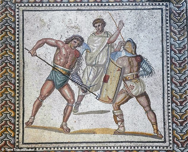 Depicted here, a gladiator stabs at another with his trident in this mosaic at Nennig, Germany (c. 2nd-3rd century AD)