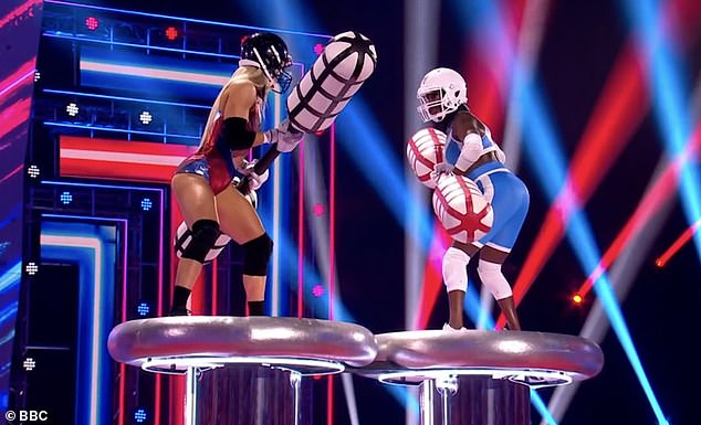 In the TV show's game 'Duel', contenders and gladiators hit each other with double-ended padded sticks (called pugil sticks)