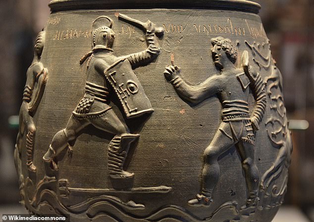 Pictured, the Colchester vase depicting a gladiator battle. Secutor (left) and retiarius (right) were two types of gladiator - and they were commonly pitted against each other