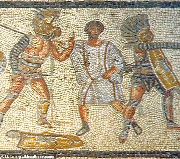 Part of the Zliten mosaic in Libya, northern Africa, depicting a fighter (left) signaling defeat to the referee (clad in white)