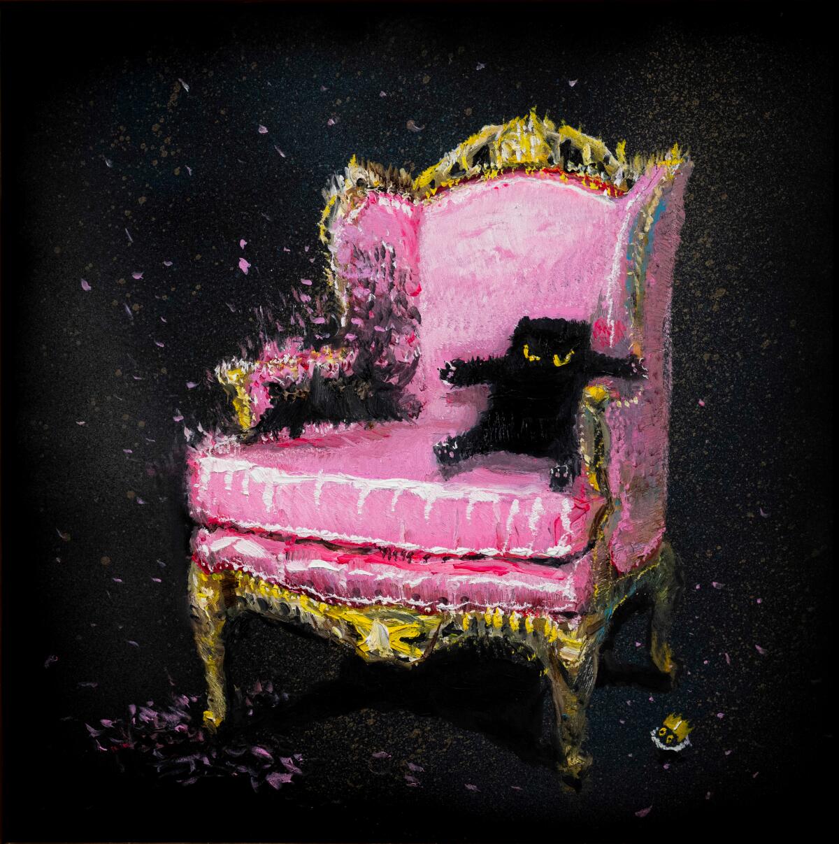 Ein Gemälde von Vanessa Stockard zeigt eine schwarze Katze, die wie ein Mensch in einem rosa Clubsessel sitzt.