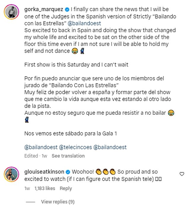 Gorka bestätigte letzte Woche auf Instagram seinen neuen Job als Juror bei der spanischen Version von Strictly und Gemma zeigte schnell ihre Unterstützung im Kommentarbereich und schrieb: „Woohoo!“