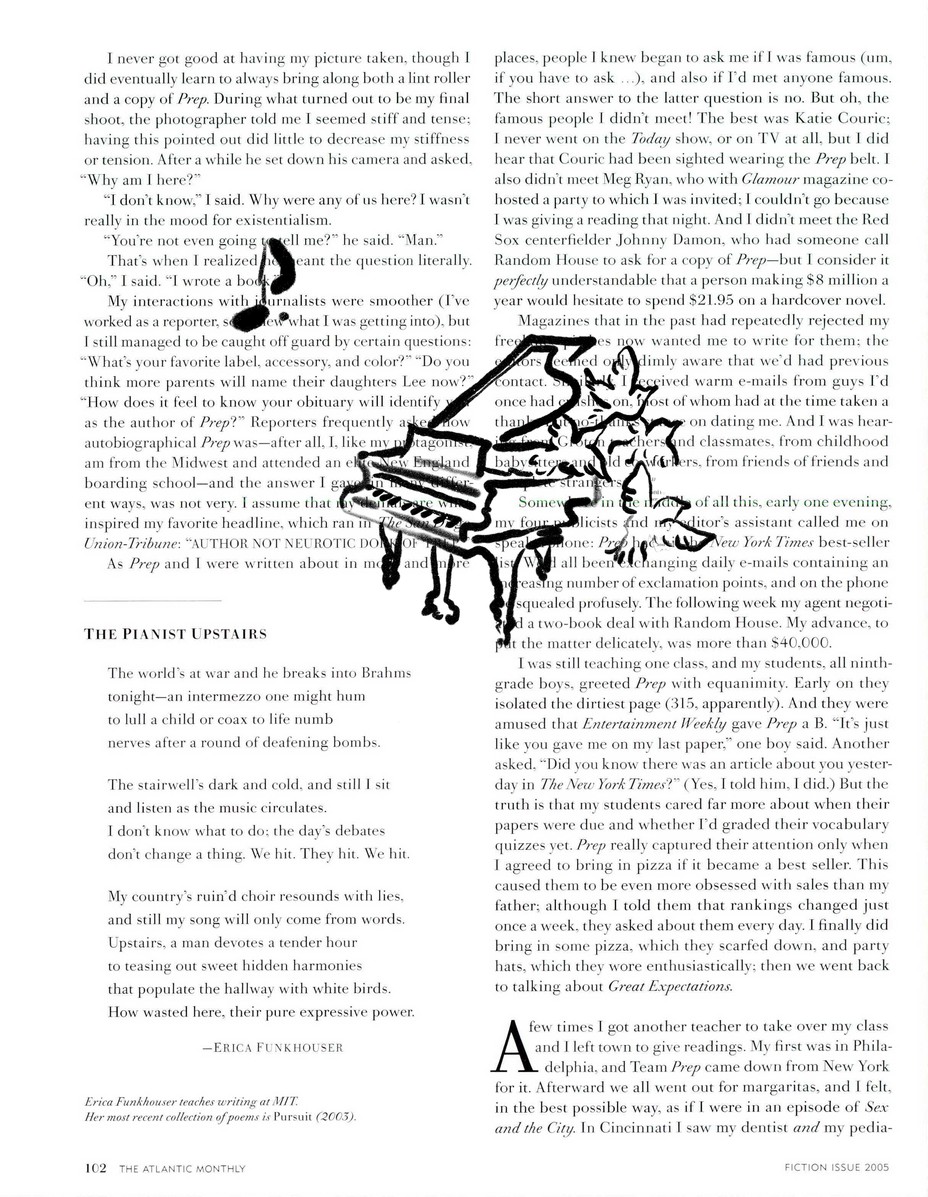die Originalseite des Magazins mit einem mit schwarzer Tinte bemalten Klavier, aus dessen Oberseite Vögel herausfliegen