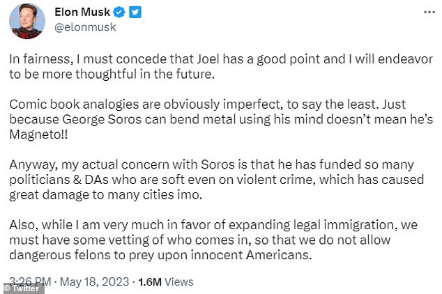 Musk wurde auch vorgeworfen, zu antisemitischen Verschwörungstheorien rund um den liberalen Philanthropen George Soros beigetragen zu haben