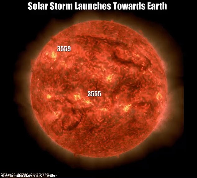 Die beiden aktiven Sonnenflecken 3559 und 3555 lösten im Abstand von nur einem Tag koronale Massenauswürfe (CMEs) aus.  CMEs können Milliarden Tonnen Koronamaterial von der Sonnenoberfläche ausstoßen.  Das Material besteht aus Plasma und Magnetfeldern
