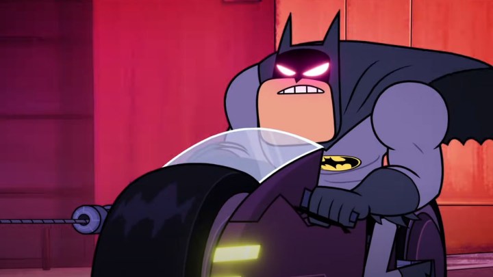 Evil Batman rides a Batcycle in Teen Titans Go To the Movies.