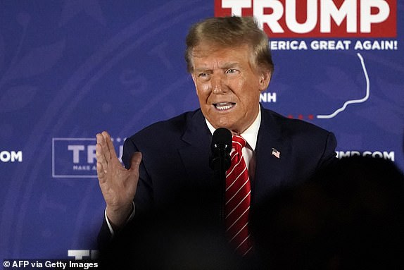 Republican presidential hopeful and former US President Donald Trump gestures as he speaks during a rally in Laconia, New Hampshire, January 22, 2024. (Photo by TIMOTHY A. CLARY / AFP) (Photo by TIMOTHY A. CLARY/AFP via Getty Images)